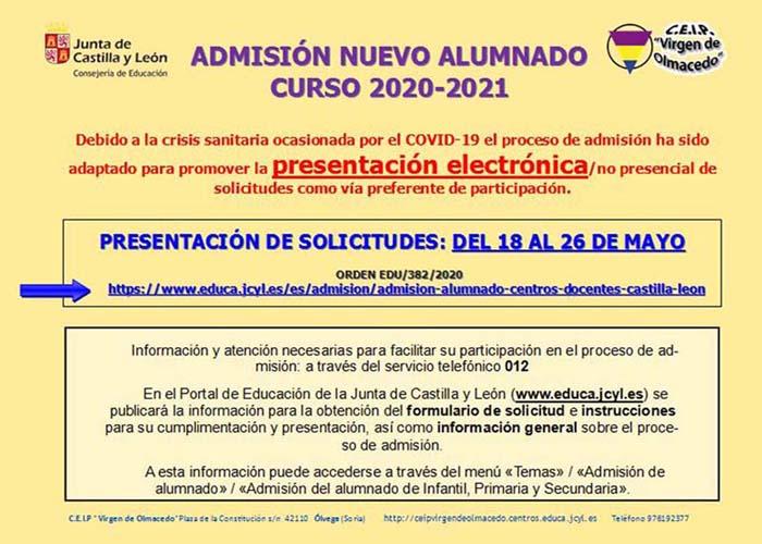 Admisión nuevo alumnado curso 2020 2021 Ayuntamiento de Ólvega Admisión nuevo alumnado curso 2020 2021 Ayuntamiento de Ólvega